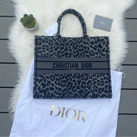 Christian Dior Gray Leopard Mizza Embroidery Large Tote - Picture 2 of 6
